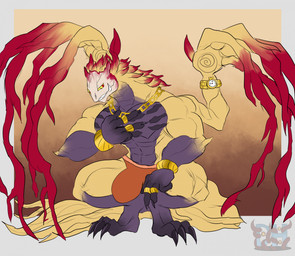abs anthro biceps big_bulge big_muscles black_claws bracelet bulge chain chain_necklace claws clock clothing crouching digitigrade fingers gold_(metal) gold_bracelet gold_chain gold_jewelry gold_ring gold_watch hand_sign horn jewelry looking_at_viewer male membrane_(anatomy) multi_arm multi_limb multicolored_body muscular muscular_anthro muscular_male muscular_thighs necklace pecs pupils red_pupils ring serratus simple_background smile solo tail teeth toe_claws watch wings yellow_eyes yellow_sclera daikuhiroshiama capcom monster_hunter elder_dragon shara_ishvalda 2025 hi_res