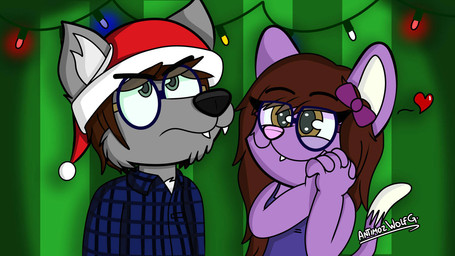 anthro brown_eyes brown_hair clothing eyewear fur glasses green_eyes grey_body grey_fur hair heart_symbol holidays ornament purple_body purple_fur antimoz_wolf christmas loveletter canid canine canis domestic_cat felid feline felis mammal wolf 16:9 2017 digital_media_(artwork) hi_res source_request unavailable_at_source widescreen