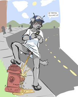 anthro bodily_fluids bottomless casual_urination cellphone clothed clothing electronics fire_hydrant flaccid flip_flops flip_phone footwear genital_fluids genitals hat headgear headwear male male_anthro outside peeing peeing_on_fire_hydrant penis phone pubes sandals shoes solo tail texting urine urine_stream watersports goldenhammer yuzu_(goldenhammer) canid canine mammal