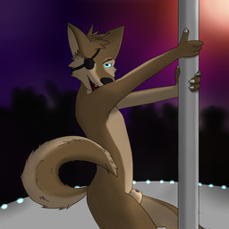 anthro bedroom_eyes blue_eyes brown_body brown_fur crowd dancing ears_up eye_patch eyewear fur genitals group looking_at_viewer male narrowed_eyes penis pole pole_dancing seductive smile smiling_at_viewer solo stage_lights weregrem canid canine fox mammal 1:1 hi_res