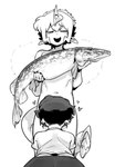 clothed clothing feral fingers group hair holding_fish human_on_humanoid humanoid_pointy_ears interspecies male male/male open_mouth open_smile smile trio doppel docu_(doppel) fish human humanoid mammal marine hi_res monochrome