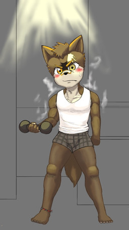 adolescent anthro band-aid bandage blush bodily_fluids bulge clothing exercise male muscular muscular_male muscular_young musk scar shirt solo sweat sweatdrop tank_top topwear weightlifting weights workout young young_anthro young_male sakai_(artist) taisei_yotsukado canid canine canis mammal wolf 9:16