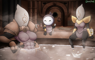 4_arms abs ambiguous_gender anthro arthropod_abdomen biped breasts door featureless_breasts female fingers group holding_object kneeling multi_arm multi_limb nude partially_submerged setting shoulder_pads text trio water white_text chaintear hollow_knight:_silksong hollow_knight_(franchise) team_cherry sherma_(hollow_knight:_silksong) arthropod humanoid 2025 artist_name english_text hi_res male_(lore)