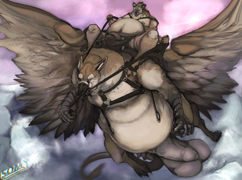 anthro balls belly big_balls big_belly big_penis bridle feral flying genitals hyper male mount obese overweight penis reins saddle somniferous mythology avian gnoll gryphon hyena mammal mythological_avian mythological_creature hi_res