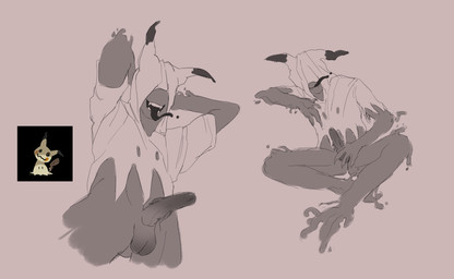 anthro balls cape claws clothed clothing covered_face genitals hood male partially_clothed penis sharp_teeth solo teeth tongue tongue_out cocoach3rry nintendo pokemon generation_7_pokemon ghost mimikyu monster pokemon_(species) spirit 2023 absurd_res hi_res sketch