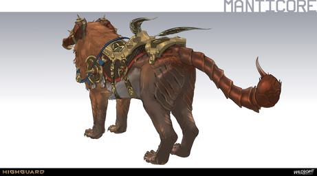 2_horns ambiguous_feral ambiguous_gender belly brown_body brown_fur brown_tail butt claws company_name curled_horn feral fur gradient_background grey_belly horn horn_jewelry jewelry light mane multicolored_body multicolored_fur orange_mane paws quadruped red_horn reins saddle simple_background solo standing stinger tail text three-quarter_view toe_claws nicholas_patrick_kelana highguard_(game) iranian_mythology middle_eastern_mythology mythology felid mammal manticore 2026 absurd_res colored concept_art digital_drawing_(artwork) digital_media_(artwork) english_description english_text hi_res lighting official_art shaded