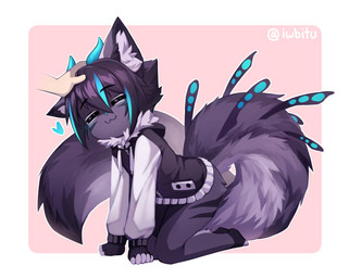 ambiguous_gender anthro blue_highlights border bottomless chibi clothed clothing disembodied_hand duo eyes_closed fluffy fluffy_tail headpat heart_symbol highlights_(coloring) inner_ear_fluff jacket kneeling male male/ambiguous multi_tail petting pink_background simple_background solo_focus tail topwear tuft white_border iwbitu mammal digital_media_(artwork) hi_res shaded signature