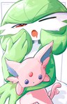 ambiguous_gender blush blush_lines button_(fastener) button_eyes green_pseudo_hair looking_at_viewer narrowed_eyes one_eye_closed open_mouth plushie pseudo_clothing pseudo_hair red_eyes simple_background solo tired white_body yawn my_6633 nintendo pokemon eeveelution espeon gardevoir generation_2_pokemon generation_3_pokemon humanoid pokemon_(species) 2025 signature