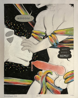 animal_genitalia animal_penis anthro balls bodily_fluids border canine_genitalia canine_penis chanting dialogue duo erection eyebrows forced genital_fluids genitals grey_eyes imminent_fellatio imminent_oral knot knotted_penis male multicolored_tentacles nude penis precum pushing_away sparkles speech_bubble tentacles text sharkinthepark dr_knot_(sharkinthepark) equid equine horse mammal 2026 4:5 absurd_res charcoal_(artwork) comic english_text hi_res pastel_(artwork) traditional_media_(artwork)