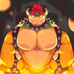 2_horns anthro armband bracelet collar eyebrows facial_hair hair hands_on_hips horn jewelry male muscular muscular_anthro muscular_male pecs red_hair shell solo spiked_armband spiked_bracelet spiked_collar spiked_shell spikes spikes_(anatomy) scraffyraccoon mario_bros nintendo bowser koopa reptile scalie 1:1 hi_res