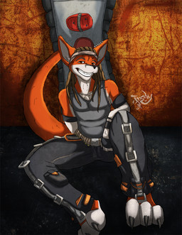 3_toes 4_fingers accessory anthro armband barefoot belt biped bottomwear brown_hair cargo_pants claws clothed clothing dreadlocks ear_piercing feet fingers front_view fully_clothed fur hair headband looking_at_viewer male orange_body orange_fur pants piercing shirt smile solo tank_top toes topwear white_body white_fur inody kangaroo macropod mammal marsupial
