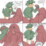 anthro beak begging blush bodily_fluids command cum cum_on_body dialogue drooling duo eyebrows feathers genital_fluids genitals glistening_eyelids green_body green_feathers hair hand_holding lidded_eyes male male/male masturbation noseless nude penile penile_masturbation penis penis_eye precum red_body red_hair saliva size_difference small_dom_big_sub smile speech_bubble sweat tail tail_feathers tapering_penis text tongue tongue_out unusual_anatomy unusual_eye_placement unusual_genitalia unusual_penis werdopon don't_hug_me_i'm_scared wakey_wakey_pilot duck_guy_(dhmis) morgan_(dhmis) red_guy_(dhmis) avian bird humanoid comic english_text hi_res