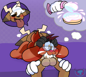 3_toes 4_fingers anthro antlers balls blush blush_lines bodily_fluids butt cartoon_gloves cum cum_in_mouth cum_inside duo feet fingers genital_fluids genitals head_grab head_push horn male male/male open_mouth oral penis_in_mouth tail throbbing throbbing_balls toes tongue tongue_out toony whiskers mintytempest major_(mintytempest) roderick_(tamerkoh) deer lagomorph leporid mammal rabbit hi_res