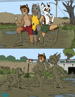 animal_genitalia anthro blue_eyes bottomwear brown_eyes chest_tuft clothed clothing collarbone dirty eyebrows eyes_closed feet fur genitals group hair horn male mud mud_covered muddy nude one_leg_up open_mouth outside penis raised_leg sheath shorts topless trio tuft goatsludge cyrus_mackenzie antelope bovid caprine domestic_cat felid feline felis goat mammal 2026 absurd_res comic hi_res