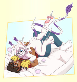 3_toes 4_fingers anthro bed bedroom_eyes black_eyewear black_glasses black_hair black_whiskers blue_bottomwear blue_clothing blue_eyes blue_pants bottomwear brown_eyes clothing dipstick_tail duo eyewear feet female fingers footwear fur furniture glasses gloves gold_ear_ring hair handwear human_on_anthro_romance long_tail male markings muscular muscular_thighs narrowed_eyes pants paw_gloves pawpads pillow pink_pawpads pomf pounce pouncing_on_another purple_stripes purple_tail_tip purple_tail_tuft red_clothing red_footwear red_socks seductive short_stack smile socks striped_markings striped_tail stripes tail tail_markings tail_tuft toes tuft whiskers white_body white_clothing white_footwear white_fur white_hair white_socks yellow_clothing yellow_gloves yellow_handwear phyrexianrevoker bandai_namco digimon the_succubus_hunt champion_(the_succubus_hunt) meri_(gatomon_form) meri_(the_succubus_hunt) digimon_(species) domestic_cat felid feline felis gatomon human mammal absurd_res hi_res