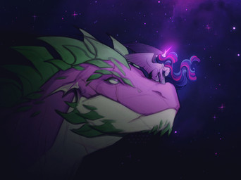 crown female feral glowing glowing_horn headgear horn horseshoe male regalia scar size_difference sky space spines star starry_sky wings blitsazalisdash friendship_is_magic hasbro my_little_pony mythology spike_(mlp) twilight_sparkle_(mlp) dragon equid equine mammal mythological_creature mythological_equine mythological_scalie scalie winged_unicorn hi_res