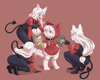 alternative_fashion anthro barefoot boop chain clenched_teeth clothed clothing collar cosplay cosplay_lolita cute_fangs digitigrade dress eye_through_hair eyebrow_through_hair eyebrows fangs feet female footwear fully_clothed group hair hand_puppet hood j-fashion lolita_(fashion) nose_boop open_mouth open_smile ouji_(fashion) puppet red_eyes shoes simple_background smile snarling spade_tail tail teeth translucent translucent_hair white_hair dstears shepherd0821 european_mythology greek_mythology helltaker modern_mogal mythology cerberus_(helltaker) cerberus_(modern_mogal) animal_humanoid canid canid_humanoid canine canine_humanoid humanoid mammal mammal_humanoid 2021 hi_res