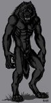 4_toes abs animal_genitalia anthro attached_sheath balls black_balls black_body black_claws black_fur black_sheath claws digitigrade feet fully_sheathed fur genitals grey_background looking_at_viewer male nipples nude pawpads sheath simple_background skinny skinny_male small_ears solo toe_claws toes white_eyes hkluterman kyoht_luterman mythology canid canine mammal mythological_canine mythological_creature werecanid werecanine werecreature werewolf 1:2 2009