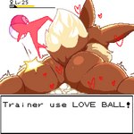 anthro bodily_fluids brown_body butt cum cum_in_pussy cum_inside female genital_fluids pokeball pokemorph simple_background solo spread_legs spreading text white_background chocomenta nintendo pokemon eevee generation_1_pokemon pokemon_(species) 1:1 absurd_res english_text hi_res