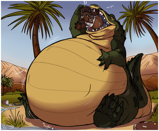 4_fingers 4_toes abdominal_bulge anthro anthro_prey belly big_belly bodily_noises border claws countershade_face countershade_tail countershade_torso countershading day detailed_background different_sound_effects duo exclamation_point fangs feet feet_first feral feral_pred finger_claws fingers forced gaping_mouth green_body green_claws green_scales hand_on_belly holding_belly huge_belly hyper hyper_belly male male_pred male_prey motion_lines multicolored_body multicolored_scales multiple_prey offscreen_character onomatopoeia open_mouth open_smile oral_vore orange_eyes outside palm_tree partially_inside plant rumbling_stomach scales scared sharp_teeth sitting sky smile snout soft_vore soles sound_effects spiked_tail spikes spikes_(anatomy) swallowing swallowing_sound_effect tail tan_body tan_countershading tan_scales teeth text toe_claws toes tree ventral_scales vore water white_border ramzi niles_(ramzi) bovid bovine crocodile crocodilian mammal nile_crocodile reptile scalie 2015 digital_media_(artwork) shaded signature watermark