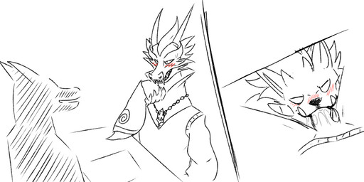 anthro blush claws clothed clothing duo fur horn male oblivious oral sex simple_background smile stealth_sex tongue under_table susuoro dragon_city mythology socialpoint canid canine dragon hybrid mammal mythological_creature mythological_scalie reptile scalie vampire_dragon_(dragon_city) hi_res sketch