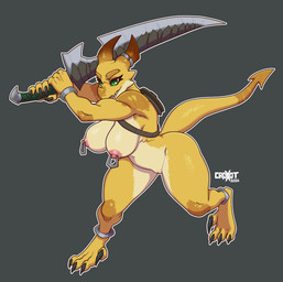 anthro areola big_breasts biped breasts eyelashes female genitals green_eyes holding_object holding_weapon melee_weapon multicolored_body navel nipple_piercing nipples non-mammal_breasts non-mammal_navel non-mammal_nipples non-mammal_vulva piercing pupils smile sword tail text thick_thighs vulva weapon yellow_body croxot kobold scalie hi_res