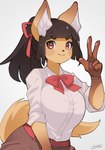 accessory anthro arumo belt black_hair bow_tie canid canine clothed clothing collared_shirt female fox fur gesture hair hair_accessory hair_ribbon hand_gesture hi_res inner_ear_fluff kemono komena_akamori looking_at_viewer mammal pawpads ponytail red_bow_tie red_ribbon ribbons rolled_up_sleeves shirt signature simple_background smile solo topwear tuft v_sign white_background white_clothing white_shirt white_topwear yellow_body yellow_fur
