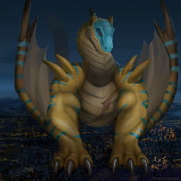 ambiguous_gender chest_scar city city_crushing city_destruction destruction feral giga looming macro muscular scar solo blurthefur capcom monster_hunter grev_(greviste) flying_wyvern tigrex 1:1 hi_res