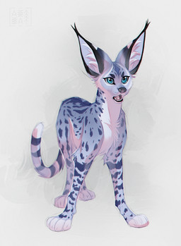 black_eyebrows black_nose blue_body blue_eyes blue_fur blue_spots eyebrows fangs female feral fur inner_ear_fluff long_ears looking_away markings open_mouth simple_background solo spots spotted_body spotted_fur spotted_markings standing striped_markings striped_tail stripes tail tail_markings teeth tuft white_body white_fur azzai felid feline mammal serval 2025 colored colored_sketch digital_drawing_(artwork) digital_media_(artwork) shaded sketch