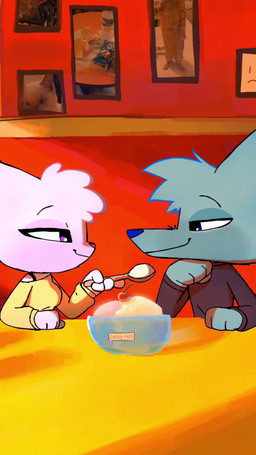 anthro barefoot breasts canon_couple checkered checkered_floor constricted_pupils cutlery dessert feeding feet female food head_tuft ice_cream implied_oral kissing kitchen_utensils love male mistake pawpads pupils restaurant shocked small_pupils snout spoon sudden suggestive tools tuft epicwolfchillli epic_and_jana hello_neighbor epic_(epic_and_jana) jana_(epic_and_jana) canid canine canis domestic_cat domestic_pig felid feline felis human mammal suid suine sus_(pig) wolf 9:16 animated hi_res short_playtime sound webm