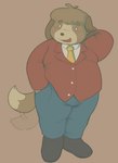 ahoge anthro belly black_clothing black_footwear black_nose black_shoes blue_bottomwear blue_clothing blue_pants bottomwear brown_background brown_body brown_fur brown_hair clothed clothing dipstick_tail empty_eyes eyebrow_through_hair eyebrows floppy_ears footwear freckled_face freckles fully_clothed fur hair hand_behind_head hand_in_pocket happy male markings moobs multicolored_body multicolored_fur necktie open_mouth open_smile overweight overweight_anthro overweight_male pants pockets red_clothing red_topwear red_vest shirt short_hair simple_background smile solo standing suit tail tail_markings tail_wraps tan_body tan_fur thick_thighs topwear translucent translucent_hair two_tone_body two_tone_fur vest white_clothing white_eyes white_shirt white_topwear wraps yellow_necktie cafongterua animal_crossing nintendo digby_(animal_crossing) canid canine canis domestic_dog mammal shih_tzu toy_dog 2025 cel_shading digital_media_(artwork) full-length_portrait portrait shaded