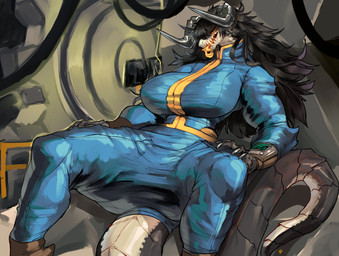 anthro big_breasts big_tail biped black_body black_claws black_hair black_horn black_scales blue_bottomwear blue_clothing blue_pants blue_shirt blue_topwear boots bottomwear breasts claws clothed clothed_anthro clothed_female clothing countershade_face countershade_neck countershade_scales countershade_tail countershading detailed_background eyelashes fangs female female_anthro finger_claws fingers footwear front_view fully_clothed furgonomics glistening glistening_horn glowing glowing_eyes grey_horn hair horn huge_breasts humanoid_hands inside jumpsuit long_hair long_tail long_tongue monotone_hair multicolored_body multicolored_scales multicolored_tail muscular muscular_anthro muscular_female narrowed_eyes open_mouth orange_tongue pants pip-boy ridged_horn scales sharp_teeth shirt shoes sitting snout solo spread_legs spreading tail tail_clothing tail_ridge tan_body tan_countershading tan_scales teeth thick_thighs tongue tongue_out topwear two_tone_body two_tone_scales two_tone_tail vault_suit yellow_eyes zerolativity fallout microsoft deathclaw scalie 2025 absurd_res colored digital_media_(artwork) hi_res portrait shaded signature three-quarter_portrait