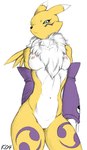 2004 anthro armwear bandai_namco barely_visible_genitalia barely_visible_pussy biped black_sclera blue_eyes breasts bridal_gauntlets canid canine clothing color_edit colored countershading digimon digimon_(species) facial_markings female front_view frown fur genitals hand_behind_back head_markings hi_res karabiner leg_markings looking_at_viewer mammal markings mostly_nude multicolored_body multicolored_fur muscular muscular_anthro muscular_female navel neck_tuft nipples purple_markings pussy renamon simple_background sketch solo standing third-party_edit tuft two_tone_body two_tone_fur upscale white_background white_body white_fur yellow_body yellow_fur yin_yang