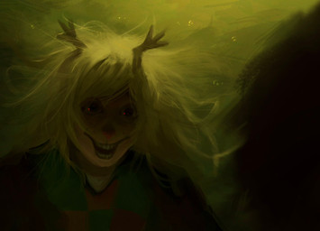 ambiguous_gender anthro antlers blonde_hair brown_hair checkered checkered_clothing checkered_shirt checkered_topwear clothed clothing creepy creepy_face creepy_smile duo hair horn male pattern_clothing pattern_shirt pattern_topwear red_dot red_nose shirt smile snowgrave topwear underwater water bluuphobia deltarune undertale_(series) kris_dreemurr noelle_holiday human mammal 2026 digital_media_(artwork) hi_res