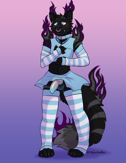 animal_genitalia animal_penis anthro arm_warmers armwear balls black_body black_ears black_fur black_nose blue_bottomwear blue_clothing blue_collar blue_crop_top blue_shirt blue_skirt blue_topwear blush bottomwear canine_genitalia canine_penis claws clothed clothing collar crop_top crossdressing dark_body dark_fur ear_piercing facial_piercing fangs fur genitals glowing glowing_balls glowing_eyes glowing_genitalia gradient_background grey_markings grey_penis hand_on_belly heterochromia horizontal_stripes jewelry knot legwear long_tail male markings midriff navel nervous nose_piercing nose_ring pattern_arm_warmers pattern_armwear pattern_clothing pattern_legwear pattern_stockings pendant penis piercing purple_markings ring_piercing septum_piercing septum_ring shirt silver_(metal) silver_jewelry simple_background skirt solo standing stockings striped_arm_warmers striped_armwear striped_clothing striped_legwear striped_markings striped_stockings striped_tail stripes tail tail_markings teeth topwear skylardoodles eclipse_(eclipse_the_panther) felid hybrid mammal pantherine wraith digital_media_(artwork) hi_res shaded