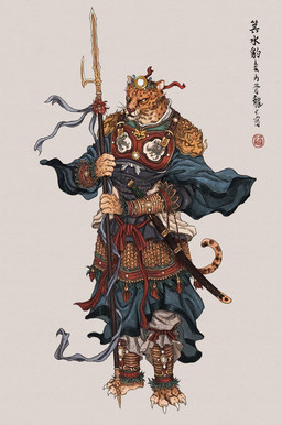 anthro armor asian_clothing barefoot chinese_clothing clothed clothing crown dao_(sword) east_asian_clothing fantasy feet fully_clothed hanfu headgear lamellar_armor looking_at_viewer male melee_weapon polearm robe solo spear text warrior weapon muyang_fort twenty-eight_mansions felid leopard mammal pantherine 2021 chinese_text hi_res