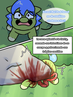 ambiguous_feral ambiguous_gender blood blue_hair blue_tail bodily_fluids corpse crush day death dialogue feral gore green_body guts hair intestines killing neonate open_mouth orange_eyes organs outside plant quadruped rock scared tail text torture young young_ambiguous young_feral giggle_fluffy's fluffy_pony fluffy_pony_(species) mammal 3:4 comic digital_media_(artwork) hi_res spanish_description spanish_text translated translated_description