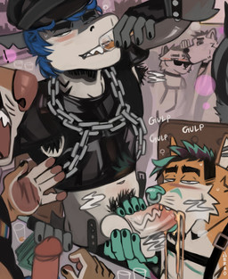 anthro anthro_on_anthro anthro_penetrated anthro_penetrating anthro_penetrating_anthro armpit_hair ball_grab balls banknote blue_hair bodily_fluids body_hair chain_necklace clothing container cup drinking drinking_glass drinking_urine duo_focus erection exhibitionism facial_piercing fellatio fingerless_gloves genital_fluids genitals glass glass_container glass_cup gloves grey_body group hair handwear harness hat headgear headwear humanoid_genitalia humanoid_penis interspecies jewelry male male/male male_penetrated male_penetrating male_penetrating_male money necklace nose_piercing nose_ring oral peeing peeing_in_mouth peeing_inside penetration penile penile_penetration penis piercing pubes ring_piercing sex sharp_teeth shirt tank_top teeth topwear urine urine_in_mouth watersports jerro frisky_(foxjxck) supercell_(thefurryengineer) aquatic canid canine fish fox mammal shark alternate_version_at_source hi_res