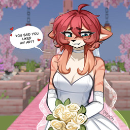 anthro arms_bent bangs bench biped black_nose black_outline black_text blue_eyes blurred_background blush blush_lines bodily_fluids bouquet breasts carpet chain cherry_blossom choker cleavage cleavage_cutout closed_smile clothed clothed_anthro clothed_female clothing collarbone cutout day detailed_background dialogue dress ears_down exposed_shoulder eyebrow_through_hair eyebrows eyelashes female female_anthro flower flustered fully_clothed fully_clothed_anthro fully_clothed_female fur furniture glistening glistening_eyes gradient_hair grass hair holding_bouquet holding_flower holding_object inner_ear_fluff jewelry lamp lantern leaf long_hair looking_down medium_breasts minecraft_block mouth_closed multicolored_body multicolored_fur multicolored_hair necklace orange_arms orange_body orange_ears orange_fur orange_hair orange_head outline outside pink_carpet pink_flower pivoted_ears plant prunus_(flower) pupils question question_mark raised_eyebrows red_blush red_hair red_heart red_stripes shadow silk sky slim_anthro slim_female slit_pupils small_waist smile solo standing striped_arms striped_body striped_fur stripes sweat sweatdrop talking_to_viewer tan_body tan_breasts tan_chest tan_face tan_fur tan_inner_ear_fluff tan_neck teeth text thick_eyelashes thin_arms translucent translucent_hair translucent_text tuft wedding wedding_dress wedding_veil white_choker white_clothing white_dress white_flower white_jewelry white_necklace white_sclera white_speech_bubble wood wood_bench wood_furniture yappcat microsoft minecraft mojang xbox_game_studios background_character yumi_(catniplewds) domestic_cat felid feline felis mammal 1:1 2026 artist_name colored digital_drawing_(artwork) digital_media_(artwork) english_description english_text half-length_portrait hi_res portrait shaded sketch