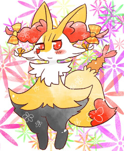 accessory ambiguous_anthro ambiguous_gender anthro biped blush bow_ribbon closed_smile digitigrade dipstick_tail featureless_crotch food front_view hair_accessory hair_bow hair_ribbon hands_behind_back looking_at_viewer markings mouth_closed object_in_tail ribbons shrimp_(food) smile snout solo standing tail tail_markings annyui0611 nintendo pokemon braixen canid generation_6_pokemon mammal pokemon_(species) 2022 digital_drawing_(artwork) digital_media_(artwork) full-length_portrait hi_res portrait translated_description