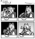 5_fingers anthro base_two_layout blush bowl canid canine canis chair clothed clothing comic container cutlery domestic_dog eating english_text eyebrows fingers food fork four_frame_grid four_frame_image front_view fully_clothed furniture gab_(comic) gab_shiba gabshiba greyscale grid_layout happy jacket kitchen_utensils male mammal monochrome regular_grid_layout salad sauce shiba_inu solo sound_effects spitz table tail tail_motion tailwag text thought_bubble tools topwear two_row_layout whiskers