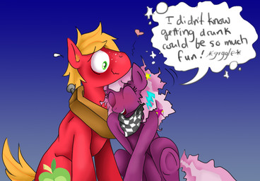 blonde_hair blush cutie_mark dialogue drunk duo eyes_closed female freckles hair heart_symbol hug male multicolored_hair pink_hair scarf sitting speech_bubble substance_intoxication text two_tone_hair susiebeeca friendship_is_magic hasbro my_little_pony big_macintosh_(mlp) cheerilee_(mlp) earth_pony equid equine horse mammal pony 2014 english_text