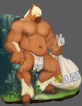 anthro anthrofied athletic biceps biped blonde_hair bottomwear brown_body brown_fur clothed clothing front_view fur hair hair_over_eyes hooves loincloth male mostly_nude musclegut muscular muscular_anthro navel nipples overweight overweight_anthro overweight_male russian sitting skimpy slightly_chubby solo spread_legs spreading topless khangakhai the_three_bogatyrs beleyushka equid equine horse mammal 2017 hi_res