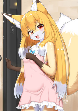 2_tails anthro blonde_hair brown_ear_tips clothing countershade_face countershade_fur countershading cute_fangs dipstick_ears dipstick_tail dress ear_markings fangs female female_anthro fur gloves_(marking) hair inner_ear_fluff kemono long_hair markings multi_tail multicolored_ears open_mouth pink_clothing pink_dress red_eyes smile solo tail tail_markings teeth tuft white_body white_fur white_tail_tip yellow_body yellow_fur yellow_tail horokusa0519 nio_(horokusa) canid canine fox mammal 2025 hi_res