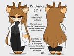 anthro antlers big_breasts breasts brown_eyes brown_hair clothed clothing doctor eyewear female fur glasses grey_background hair half-closed_eyes hooves horn long_hair narrowed_eyes orange_body orange_fur shadow simple_background solo stated_age tan_body tan_fur text tonytoran dr._jessica_(tonytoran) deer mammal 2022 character_name english_text hi_res model_sheet