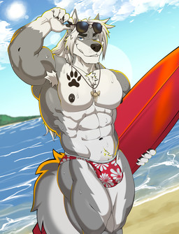 abs anthro armpit_hair barazoku beach black_nipples body_hair chest_tattoo chest_tut clothing eyewear floral_print footprint fur grey_body grey_fur hair happy_trail holding_object holding_surfboard lifting_glasses long_hair looking_at_viewer male muscular muscular_male nipple_piercing nipples one_eye_closed pawprint pawprint_tattoo pecs piercing presenting_armpit sand sharktooth_necklace showing_armpit smile smiling_at_viewer smirk smirking_at_viewer solo speedo sunglasses sunglasses_lift surfboard swimwear tattoo water white_body white_fur white_hair wink winking_at_viewer wolfybuns mac_b._howlin canid canine canis mammal wolf absurd_res hi_res