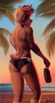 anthro beach bottle briefs butt clothing container detailed_background evening femboy fur light looking_away male nub_tail palm_tree plant pose rear_view seaside solo speedo sunlight sunset swimming_trunks swimwear tree underwear warm_lighting water_bottle aiofluff canid canine canis domestic_dog mammal mastiff molosser rottweiler absurd_res digital_media_(artwork) hi_res pinup warm_colors