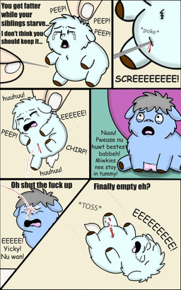 abdominal_impalement abuse ambiguous_feral ambiguous_gender ambiguous_human animal_abuse blood blood_from_wound blood_on_face blue_body blue_fur bodily_fluids brown_hooves crotch_breasts crying dialogue featureless_crotch female female_feral feral fur gore grey_hair hair hooves impalement lifting_another milk milk_on_face narrowed_eyes open_mouth pain profanity sewing_needle simple_background sitting suffering tail tears text white_body white_fur white_tail wounded young young_ambiguous young_feral roadkill_(fc) fluffy_pony fluffy_pony_(species) human mammal 2025 5:8 absurd_res broken_language cel_shading comic digital_drawing_(artwork) digital_media_(artwork) english_text hi_res shaded