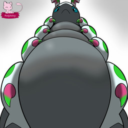 belly black_belly blue_eyes feral horn looking_at_viewer looking_down pink_body pink_horn red_stripes simple_background solo stripes white_background white_belly white_horn maddybakery nintendo pokemon melon_(reececav27) generation_1_pokemon generation_5_pokemon legendary_pokemon mew_(pokemon) pokemon_(species) scolipede 1:1 2026 hi_res watermark