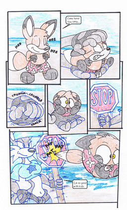 anthro beach blue_clothing blue_hair blue_shirt blue_topwear clothing duo female hair outside shirt speech_bubble text topwear virus-20 canid canine canis fox mammal wolf 2009 comic